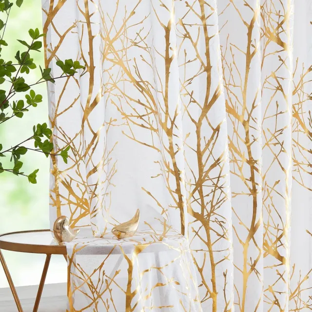 Unyqoos Transparante Witte Goudkleurige Gordijnen met Metallic Takpatroon en Ingestanste Ringen voor Slaapkamer