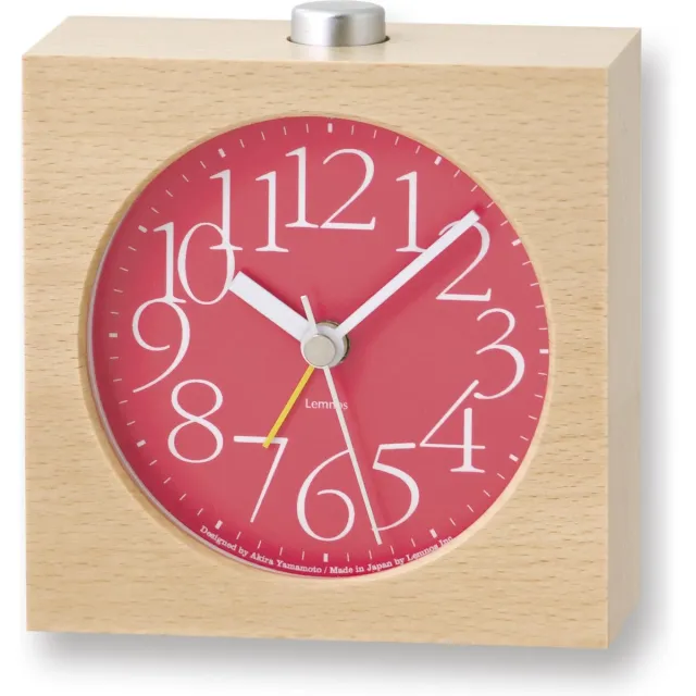 Lemnos AY design wekker | Moderne klok met minimalistisch ontwerp | Eigenschappen: Rood, 11,3cm, 2 jaar garantie, Hout, Snooze functie, LED-lampje, Stil uurwerk