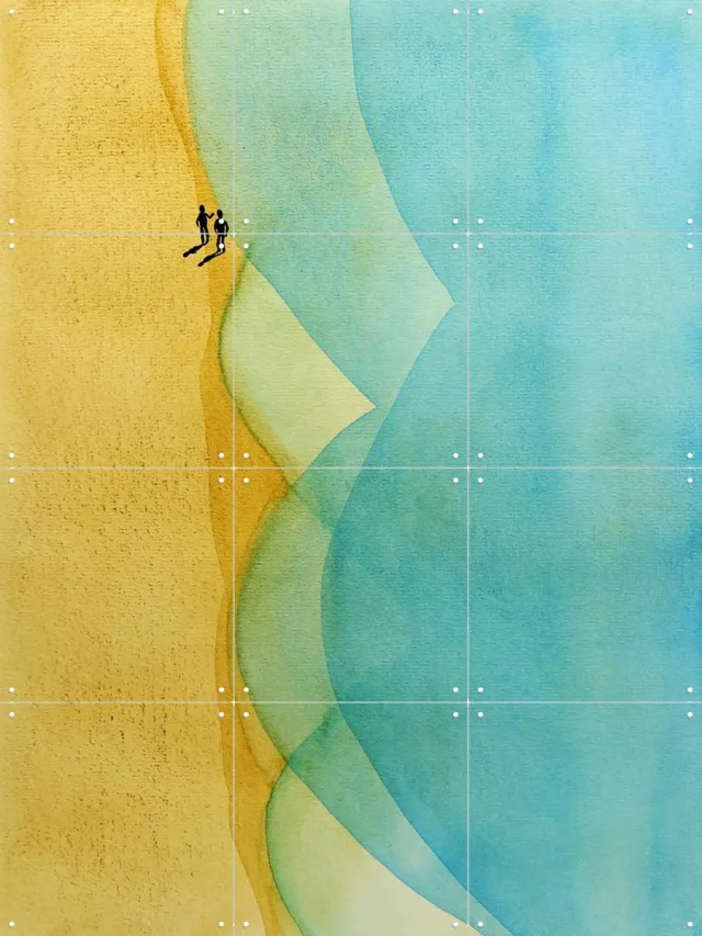 IXXI The Beach Walk, Natalie Bruns - 60 x 80 cm - Grote wanddecoratie en posters - Minimalisme, Abstract, Aquarel, Kleurrijk, Woonkamer, Gang Blauw