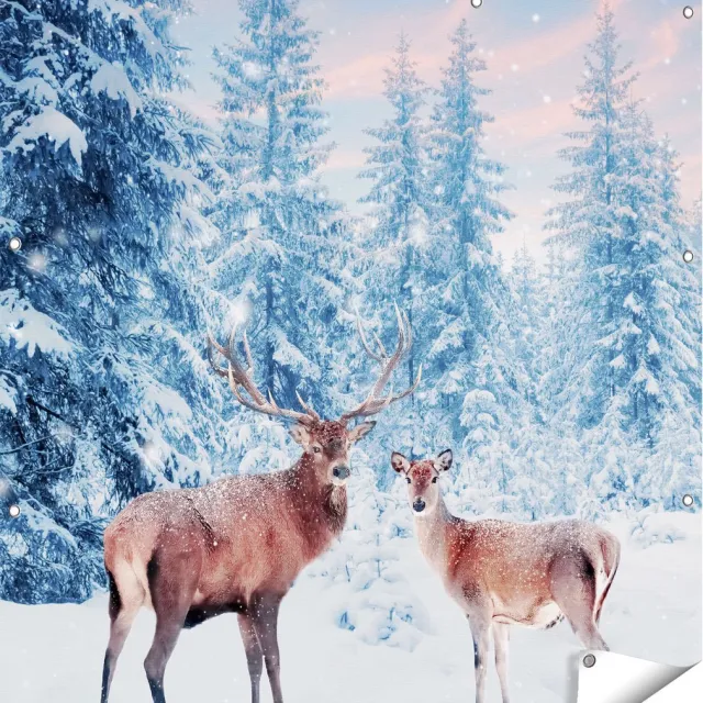 Gards Tuinposter Twee Herten in het Bos met Sneeuw - 110x110 cm - Tuindoek - Tuindecoratie - Wanddecoratie buiten - Tuinschilderij Multikleur