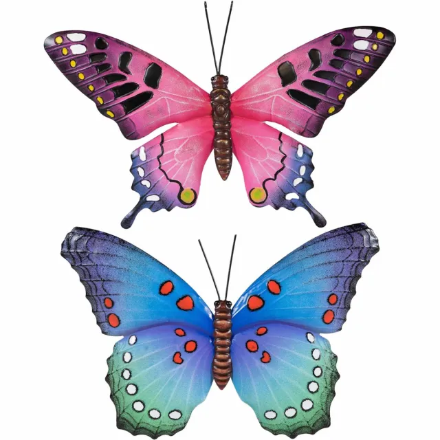 Anna's Collection Tuindecoratie vlinders - 2x - metaal - blauw en roze - 48 x 30 cm - wand schutting decoratie Multi