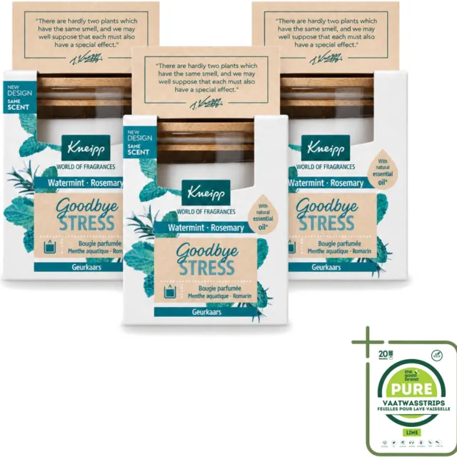 Kneipp 3 x Kneipp - Geurkaars - Goodbye Stress - Watermunt & Rozemarijn - 20 branduren - Grootverpakking - Vaatwasstrips - Geurkaars - Ontspanning - Stress - Rust - Wellness Wit