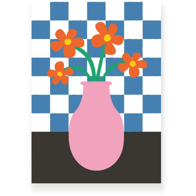Yisual Aluminium plaat 20x30 cm - Poster - Vaas met Bloemen - Geblokte Tegels - Roze - Blauw - Vintage - Eclectisch - Muurdecoratie - Wanddecoratie