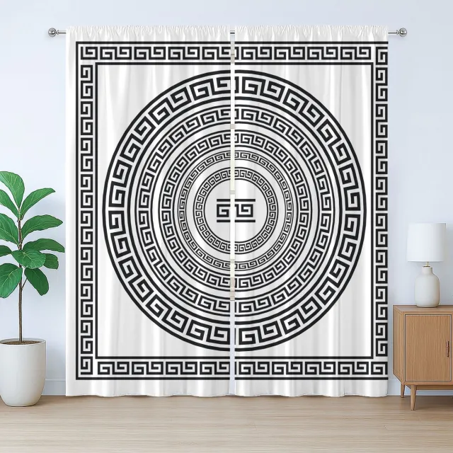 ABAKUHAUS Grieks sleutelmotief, rustiek gordijn, antiek frame, universele gordijnen met lussen en haken voor de woonkamer, 280 x 225 cm, wit zwart