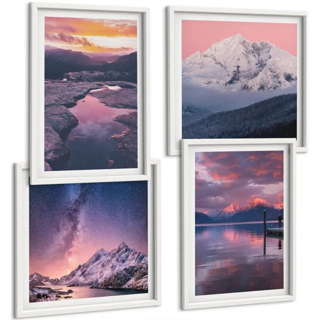 TULUP 4-Delige Schilderij Set - Bergen en water in prachtige natuurlijke landschappen - 40x40 en 40x60 - Wanddecoratie - Schilderijen Set - Kantoor - Decoratieve Schilderijen Witte lijst