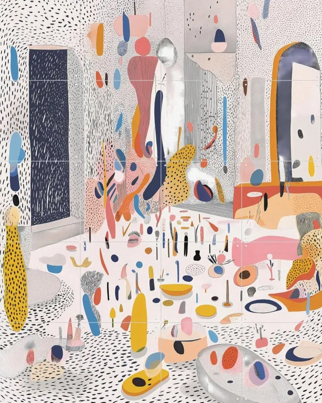 IXXI Plaza Patterns, Artclaud - 80 x 100 cm - Grote wanddecoratie en posters - Kleurrijk, Digitale Kunst, Speels, Illustraties, Abstract Blauw / Roze / Geel