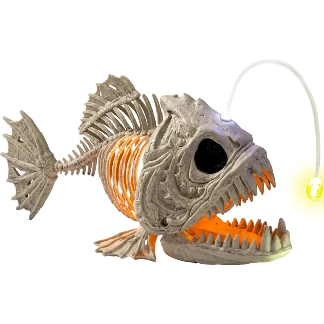 North Collective Lantaarn - Nachtlamp - Halloween – Skeletvisdecoratie – Gloeiend LED-oog – Griezelig bottenontwerp - Led Lamp Lichtgrijs