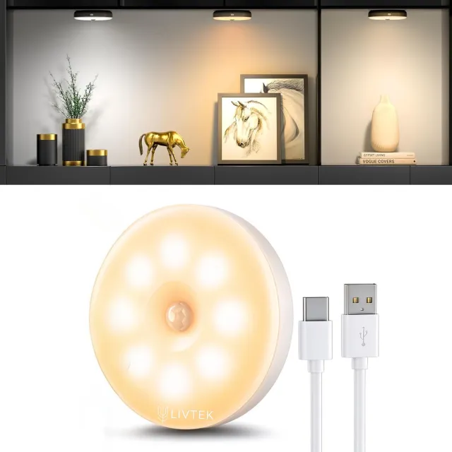 LIVTEK Nachtlampje met Bewegingssensor - USB Oplaadbaar LED Nachtlampje met Wa Wit