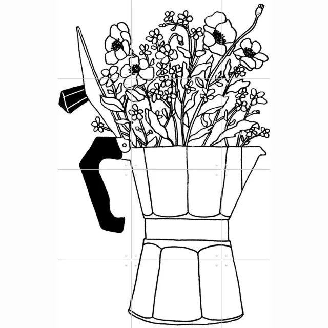 IXXI Moka Flowers Black & White, Florent Bodart - 60 x 80 cm - Grote wanddecoratie en posters - Line art, Illustraties, Minimalisme, Tekeningen Zwart / Zwart en wit / Wit / Monochroom / Groen