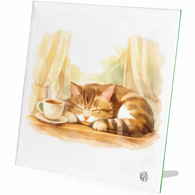 Mr Cadeautjes Glasframe 20 x 20 - design Een slapende kat op een vensterbank met een kopje thee en za | cadeau Wit