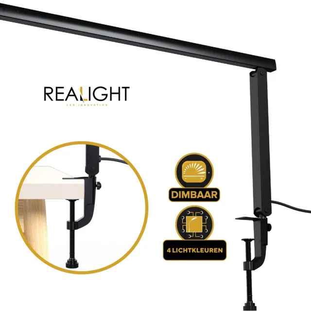 Realight dimbare bureaulamp – Krachtige LED Lamp met 4 Lichtkleuren – Gemakkelijk te bevestigen op bureaus tot 6 cm dik – 360° Rotatie – LED lichten – Licht aluminium – 8 Watt - Zwart