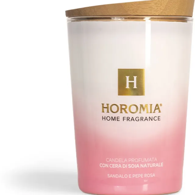 Horomia Sandalo e Pepe Rosa geurkaars - 350 gr - Natuurlijke Sojawas - Luxe Italiaanse Huisparfum roze