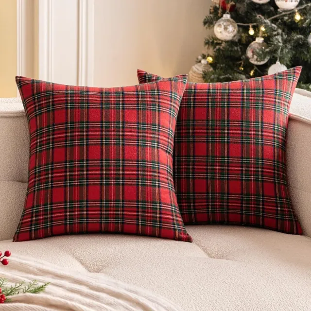 SNQ Kerstkussenhoezen met ruitpatroon set van 2– 45x45 cm – Rood ruitpatroon – Kerst- en herfstdecoratie voor in huis – Geschikt voor banken en woonkamers