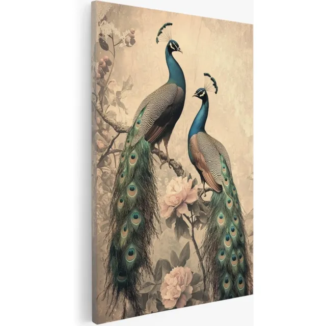 Saammp Canvas Schilderij - 2 Pauwen met bloemen - Natuur - Dieren - 80x120 - Foto op canvas - Wanddecoratie - Muurdecoratie Woonkamer - Slaapkamer decoratie - Canvas Print Multicolor