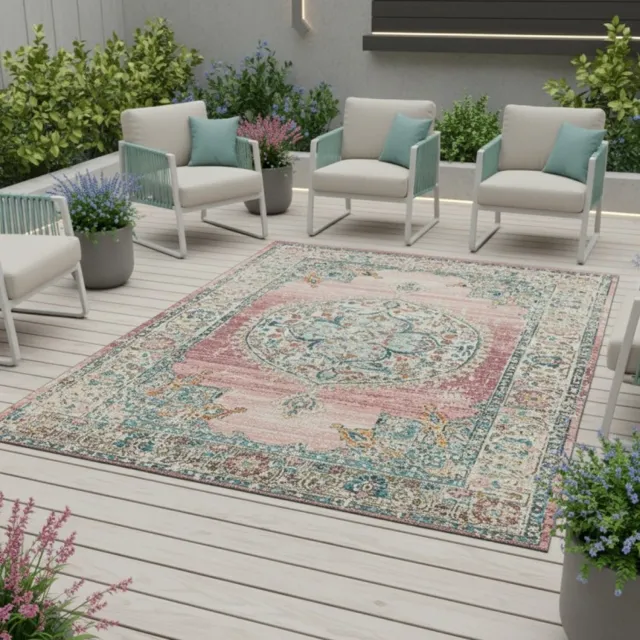 TapisTrend Designer tapijt Roze 240x340 cm Vintage oosters binnen-/buitenkleed met bloemenmedaillon voor woonkamer, terras en balkon