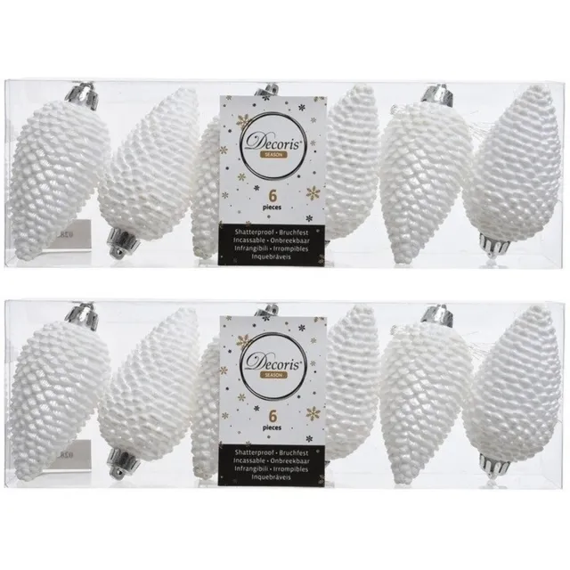 Decoris Kersthangers dennenappels - 12x st - wit - glitter - 8 cm - kunststof - kerstversiering