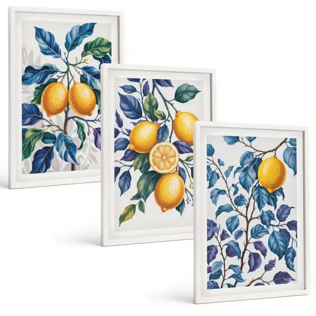 TULUP 3-Delige Schilderij Set - Citroenen aan takken met blauwe bladeren - 40x60 - Wanddecoratie - Woonkamer Decoratie - Stijlvolle Muurdecoratie Witte lijst