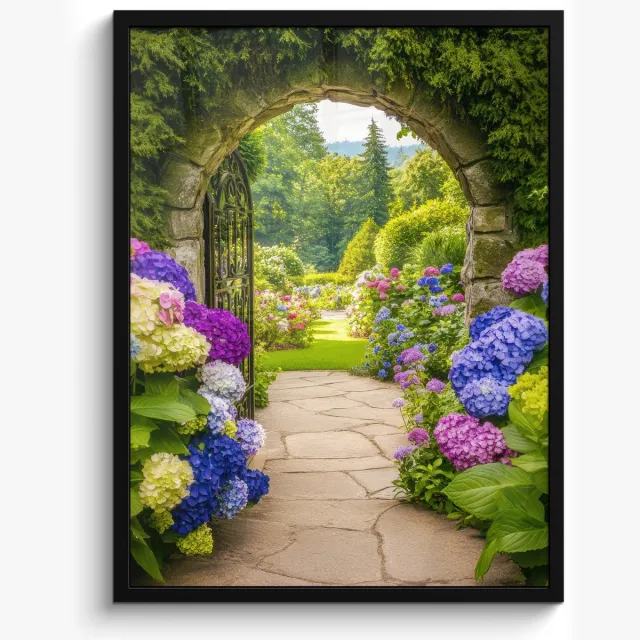 FrameYourWall Poster in lijst - Fotolijst 50x70 cm - Posters - Doorkijk - Poort - Hortensia - Bloementuin - Posterlijst zwart - Decoratie - Wanddecoratie woonkamer - Muurdecoratie slaapkamer Poort - Tuin