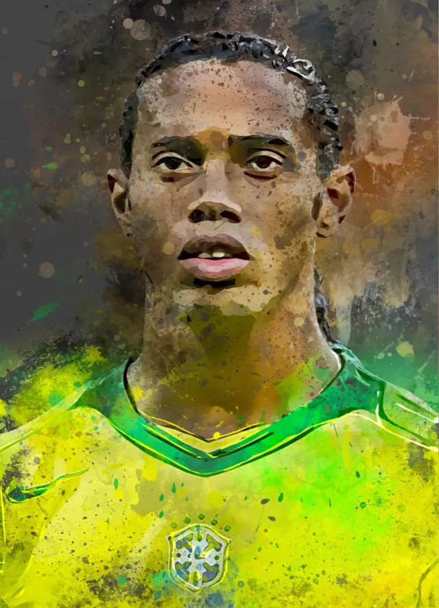 Wallofprints Ronaldinho voetbalposter A1 formaat - Ronaldinho poster - 59.4 x 84.1 cm - Unieke waterverfstijl poster van Ronaldinho in het Brazilaans tenue Donkergrijze achtergrondkleur