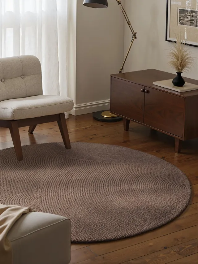 flycarpets Calmio Rond Wollen Vloerkleed Taupe - Laagpolig - Japandi / Scandinavisch - Ø 120 cm rond