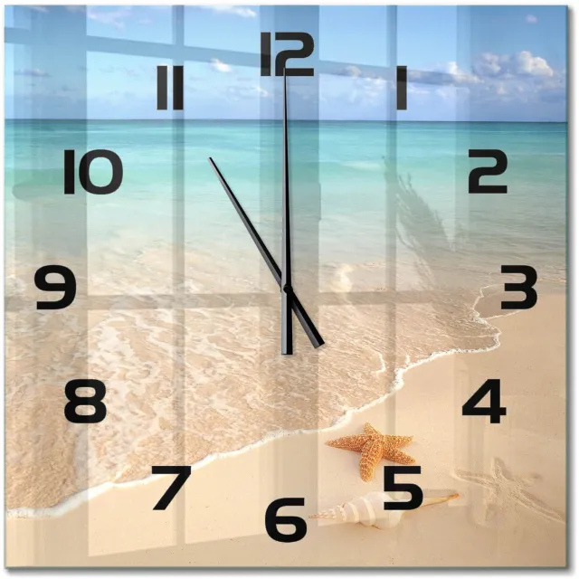 TULUP Wandklok - Zeesterren op het strand Glazen Klok Met Print - 60x60 cm - Blauw Wandklok Glas Met Motief - Zwarte handen - Vierkante Klok - Wandklok Glas Decoratie - Gekleurde Glazen Klok