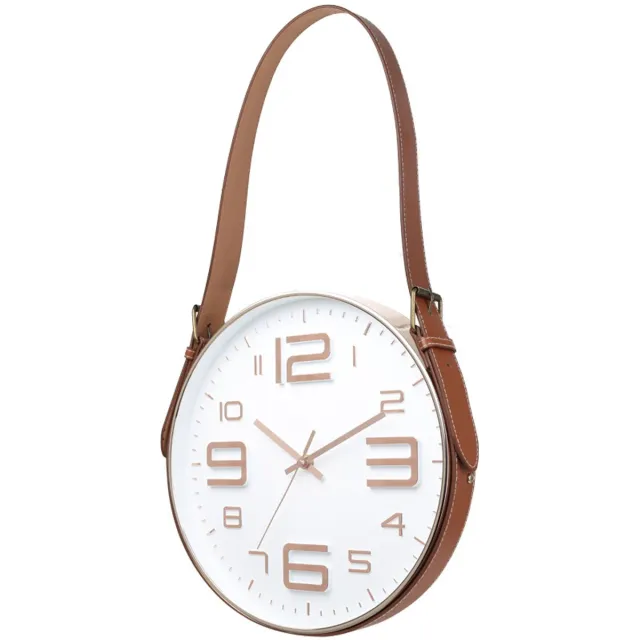 Wclavion Wandklok 12 inch (30 cm) met leren hangriem - Stil quartz uurwerk, helder glas -6005 Wit met roségoud