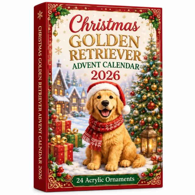 SWGOTA Adventskalender 2026 met golden retrievers - 24 platte acrylornamenten in kerstdoos Goudbruin