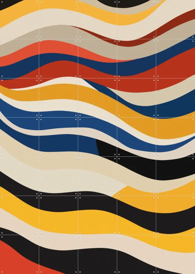 IXXI Bauhaus - Wavy stripes, Little Dean & Various - 100 x 140 cm - Grote wanddecoratie en posters - Strepen, Bauhaus, Grafisch Ontwerp, Kleurrijk Blauw / Zwart / Geel / Rood