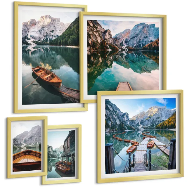 TULUP 5-Delige Schilderij Set - Rustige meren met houten bootjes in de bergen - 50 x 50 cm, 20 x 30 cm en 40 x 60 cm - Muurdecoratie - Schilderijen Set - Woonkamer - Interieur Decoratie Gouden lijst