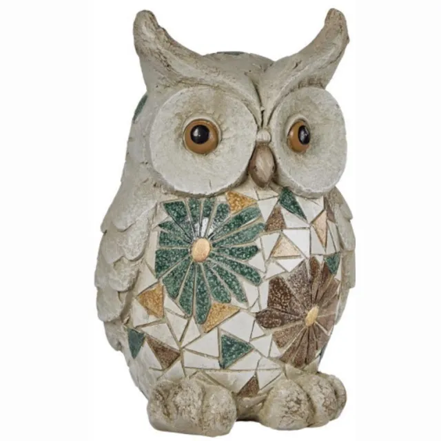 mmdeco Beeld Uil met mozaïk 32 cm hoog creme - grijs - groen - geel mozaïk bloemen - buiten- tuinbeeld creme, bruin, groen, geel