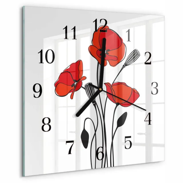 TULUP Wandklok - Papaver Moderne Glazen Wandklok - 30x30 cm - Rood Wandklok Glas Met Motief - Zwarte Handen - Vierkante Wandklok - Wandklok Glas Met Motief - Decoratieve Glazen Klok