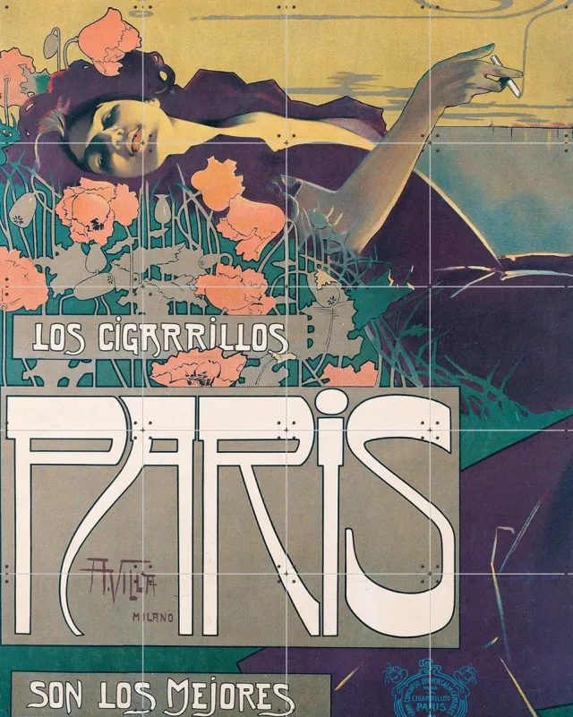 IXXI Los Cigarillos Paris, Bridgeman Images - 80 x 100 cm - Grote wanddecoratie en posters - Typografie, Vintage, Kleurrijk, Klassiek, Illustraties Warme kleuren / Roze