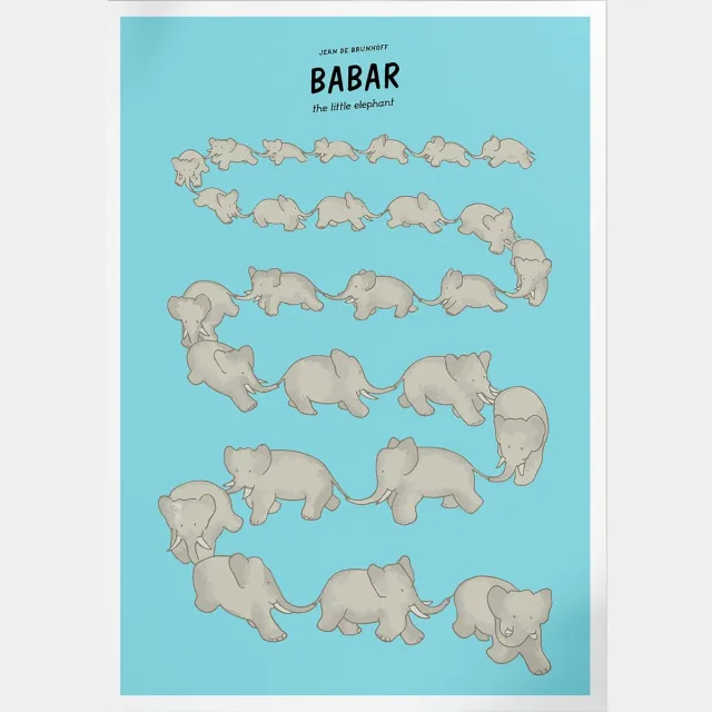 Pepperwall Babar's March Of The Elephants (Blue) (Babar de Olifant) | Poster | B2: 50 x 70 cm Multikleur