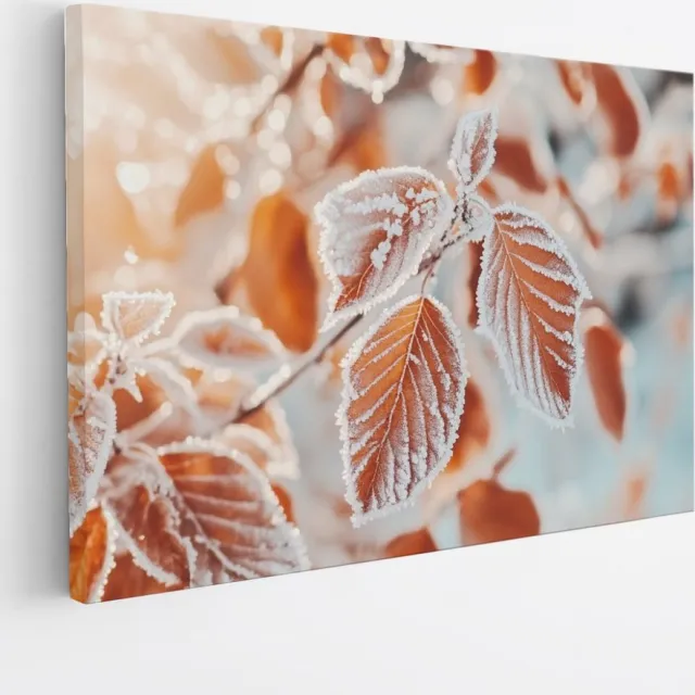 Saammp Canvas Schilderij - Herfstbladeren met Rijp - Natuurlijk - Foto op canvas - Wanddecoratie - Muurdecoratie Woonkamer - Modern Interieur - 100x75 Multicolor