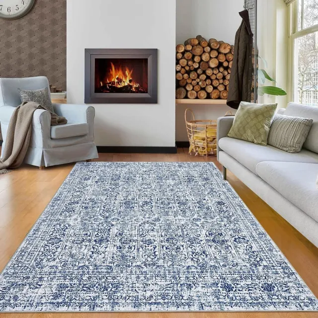 Triumpunpre Oosters Vintage Vloerkleed - Wasbaar Antislip Kortpolig Bloemmotief - Blauw - 160x230 cm