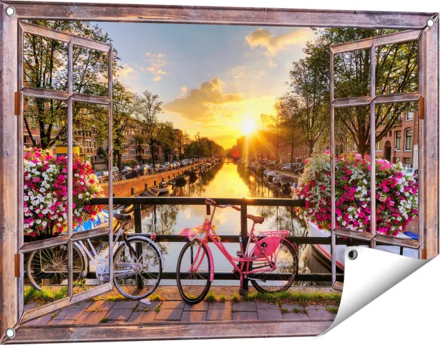 Gards Tuinposter Doorkijk Amsterdamse Brug met Zonsopgang - 90x60 cm - Tuindoek - Tuindecoratie - Wanddecoratie buiten - Tuinschilderij Bruin