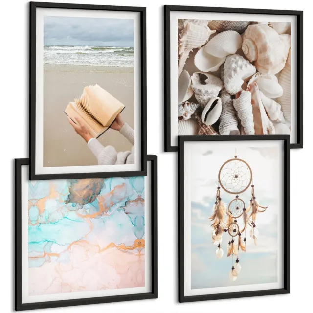 TULUP 4-Delige Schilderij Set - Een leesboek met zeeschelpen en een boho-dromenvanger - 40 x 40 cm en 40 x 60 cm - Decoratieve Schilderijen - Woonkamer - Interieur - Stijlvolle Muurdecoratie Zwarte lijst