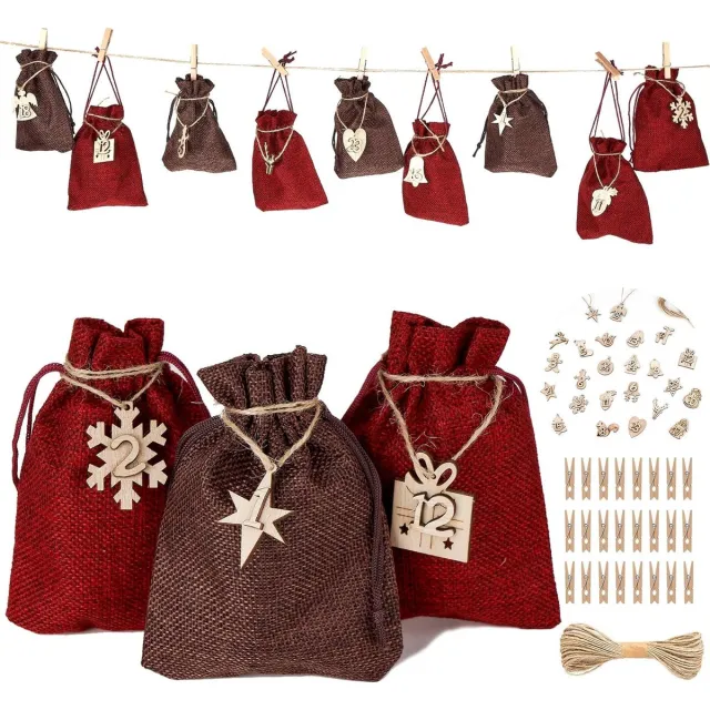 KCVV Kerstversiering-Aftelkalender-24 Dagen Kerst Adventskalender Tassen-Kerstversiering Geschikt voor Hangende Decoraties voor Kerstfeesten -Rood / Bruin