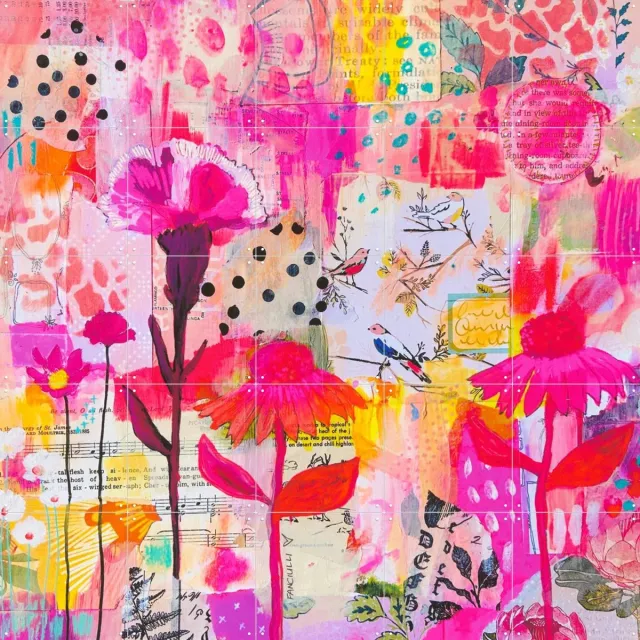 IXXI Birdy, Yvette Fanciulli - 100 x 100 cm - Grote wanddecoratie en posters - Kleurrijk, Bloemen Roze