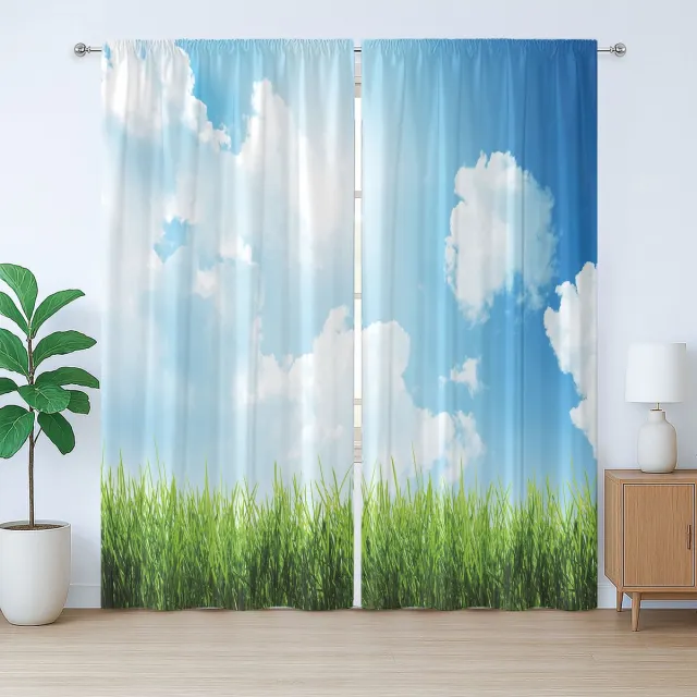 ABAKUHAUS Rustiek hemelgordijn, zonnige dag met gras en wolken, slaapkamergordijn met plooien, lussen en haken, 280 x 260 cm, groen wit blauw