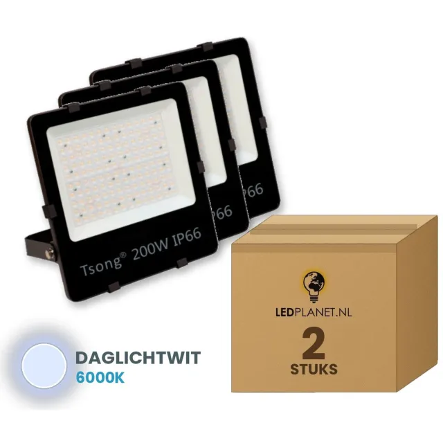 Tsong LED Schijnwerper 200W - 30.000 lm - Daglichtwit 6000K - 90° - IP66 - 2 stuks - 5 jaar garantie