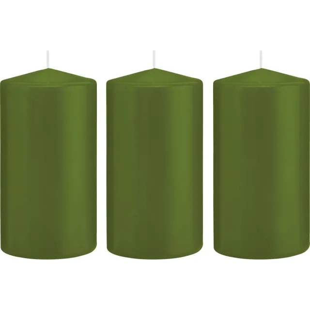 Trend Candles Cilinderkaars/stompkaars - 3x - olijfgroen - 8 x 15 cm - 69 branduren - horeca kaarsen