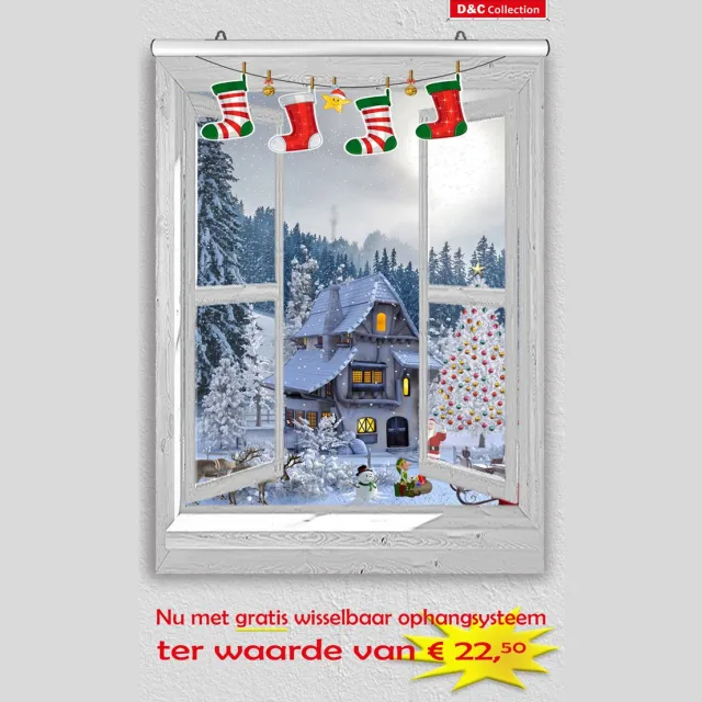 D&C Collection poster - kerst poster - 60x80 cm - doorkijk - open wit venster Santa Village met kerstboom - winter poster - kerst decoratie