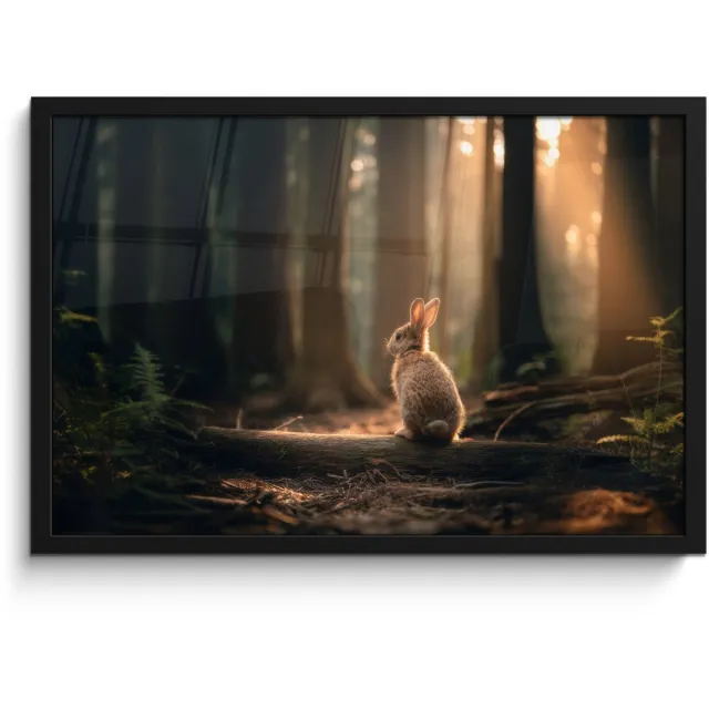 FrameYourWall Poster in lijst - Fotolijst 60x40 cm - Posters - Konijn - Bos - Zonnestralen - Posterlijst zwart - Decoratie - Wanddecoratie woonkamer - Muurdecoratie slaapkamer