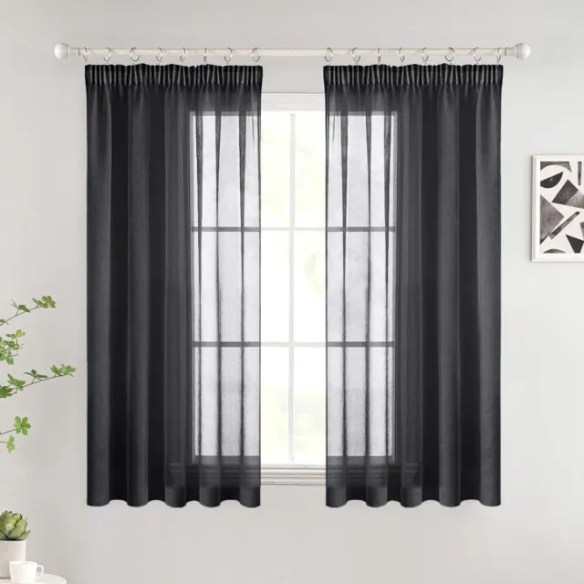 Unyqoos ® Moderne Transparante Korte Raamgordijnen met Plooiband voor Diverse Kamers, Set van 2 Stuks, Zwart, 140 x 145 cm