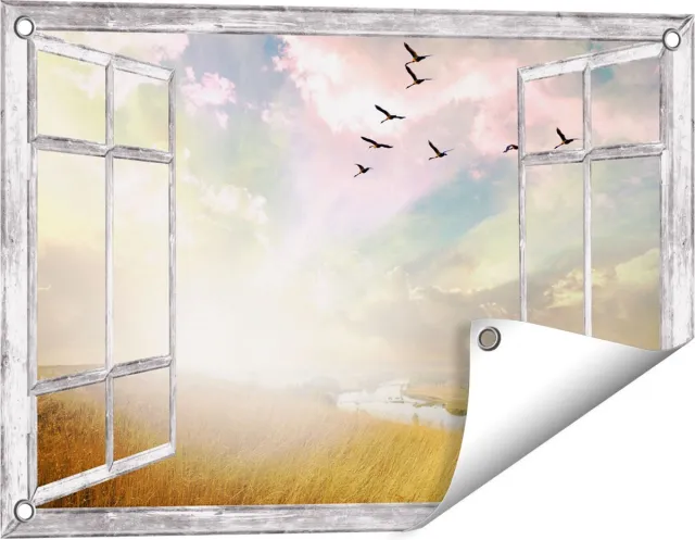 Gards Tuinposter Doorkijk Groep Vogels Vliegen Boven het Gras - 60x40 cm - Tuindoek - Tuindecoratie - Wanddecoratie buiten - Tuinschilderij Grijs