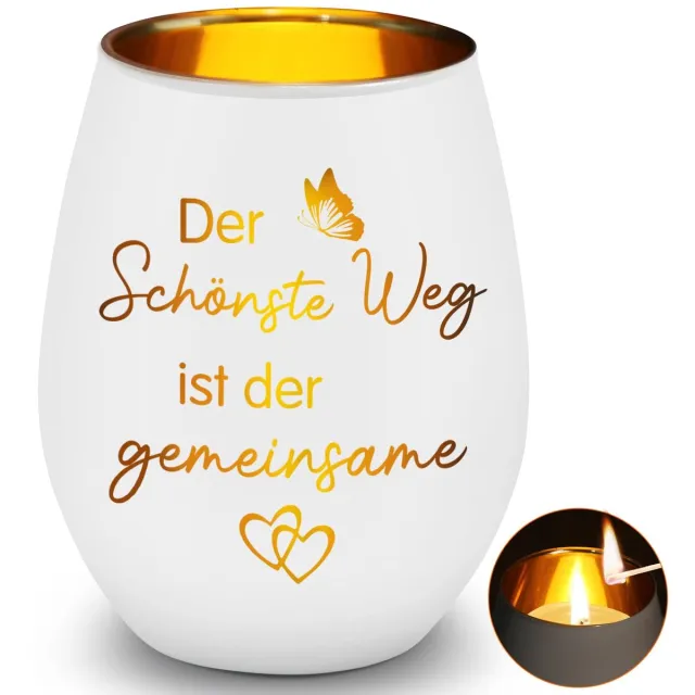 Famanu Windlicht van glas met gravure, gemeenschappelijk ontwerp, geschenk voor verloving, gouden en zilveren bruiloft, ideaal als Kerstmis of verjaardag cadeau voor haar of hem