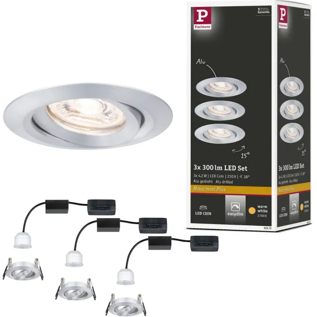 Paulmann LED-inbouwlamp Easy Dim B-waar Nova Mini Plus Coin Basisset zwenkbaar rond 66 mm 15° Coin 3x4,2W 3x300lm 230V dimbaar 2700K Alu