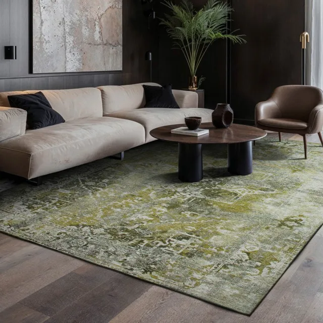 LOLA&MOI Binnen & Buiten Vloerkleed - 140 x 200 cm - Lola&Moi Heris Olive - Laagpolig Tapijt - Gerecycled PET - Made in Belgium - Circulair groen