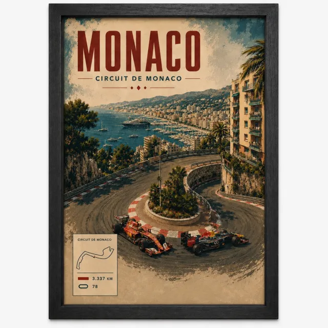 Joshimo Monaco Circuit Retro Poster | Circuit de Monaco Formule 1 | Inclusief Zwarte A4 Lijst